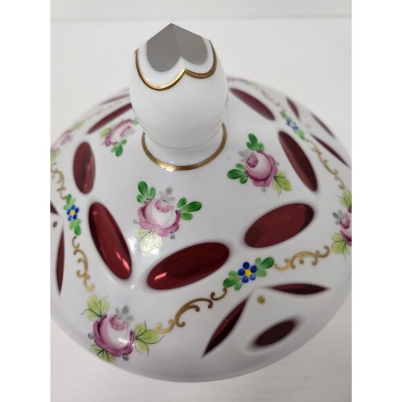 Vintage 19th Century Czech Bohemian Milk Cranberry Glass Candy Dish Bowl Lidded - Picture 3 of 10